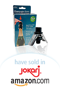 Champagne saver stopper and sealer with packaging, displayed on a reflective surface, next to logos for Jokari and Amazon.