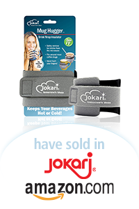 Product packaging for the Jokari Mug Hugger, a drink wrap insulator. Features a photo of a person sipping from a mug and highlights its use for keeping beverages hot or cold.